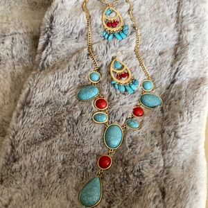 Turquoise/red stone gold chain matching earrings